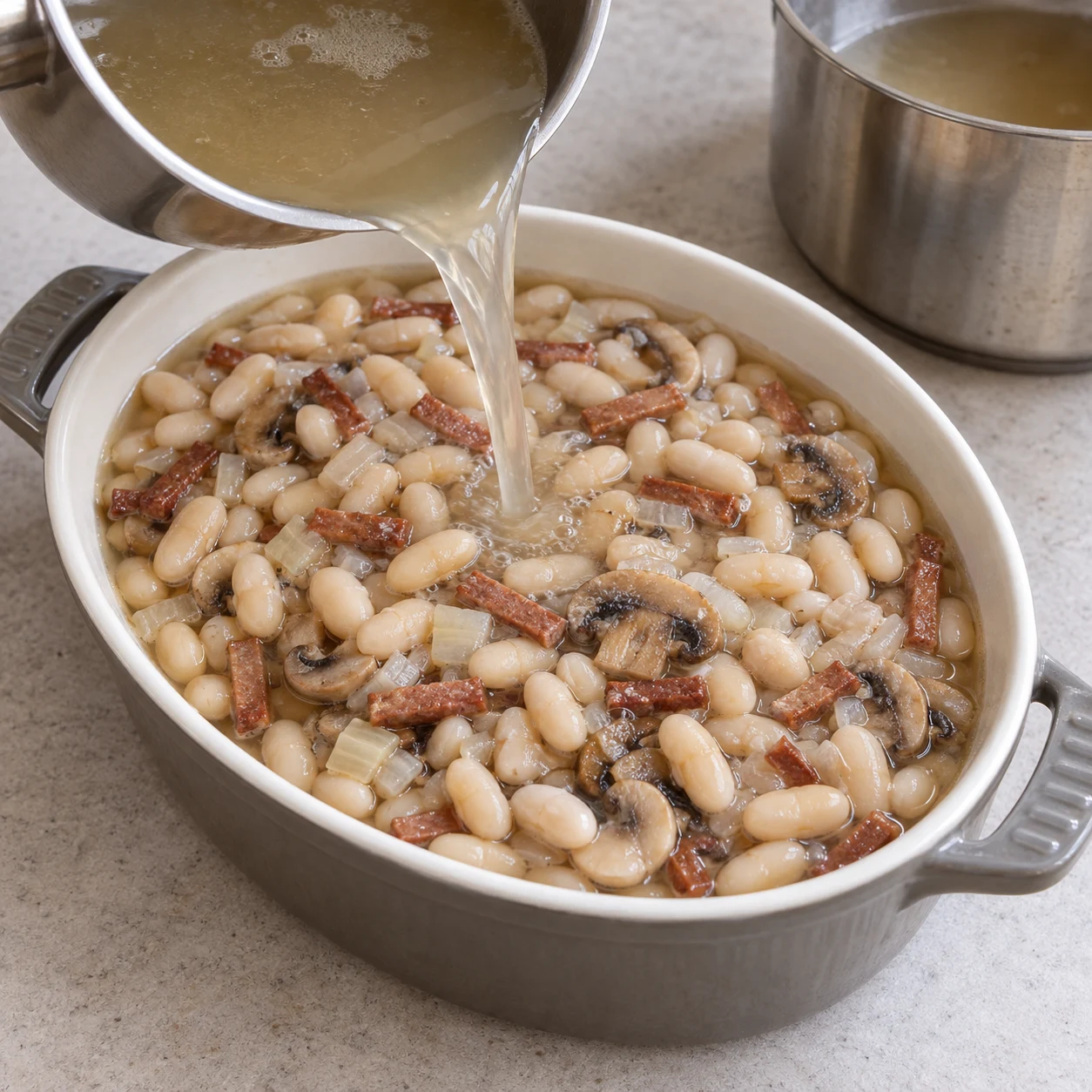 Ajouter le bouillon : Verse le bouillon de cuisson des haricots dans le plat pour affleurer la couche de haricots. Garde le surplus pour surveiller l’humidité pendant la cuisson. Repère final : Le bouillon affleure les haricots sans remplir le plat jusqu’au bord.