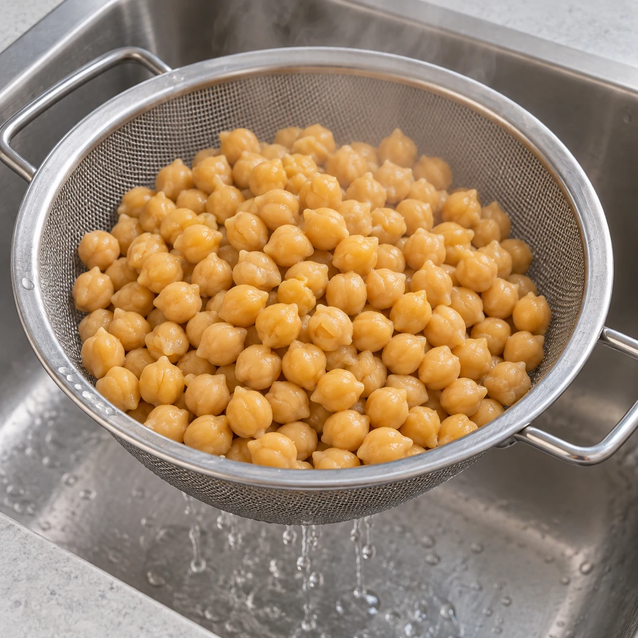 Égoutter les pois chiches cuits en les gardant tièdes pour le mixage. Montrer les pois chiches cuits dans une passoire ; aucun autre ingrédient.