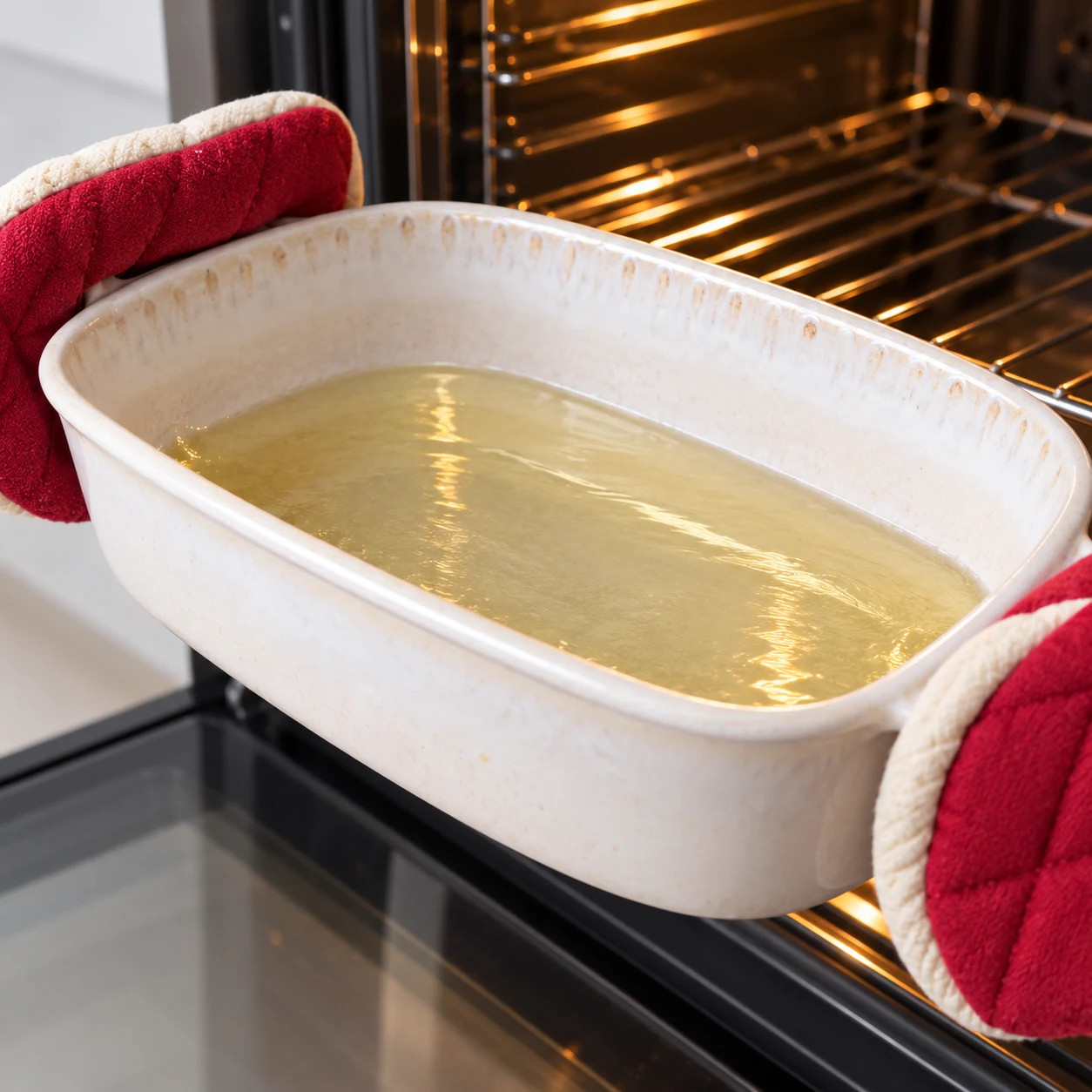 Plat à gratin avec seulement l’huile chaude, manipulé avec des maniques sèches.