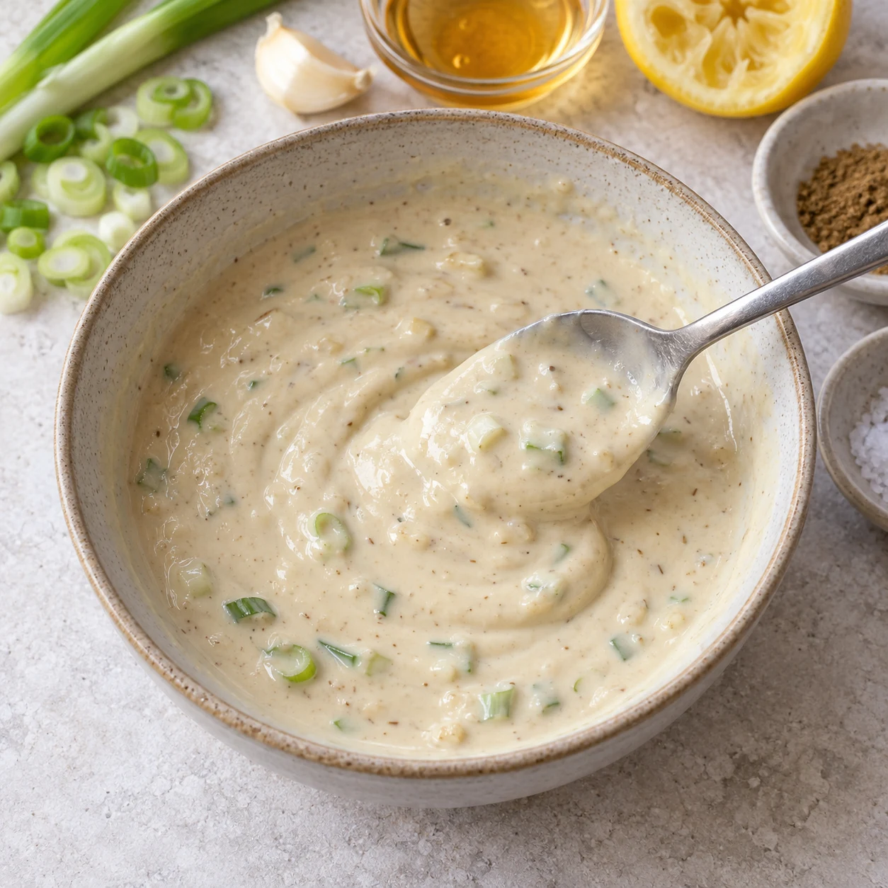 Mélanger la sauce tahini : La sauce est crémeuse, avec de petits morceaux d’oignon nouveau, et peut s’étaler.