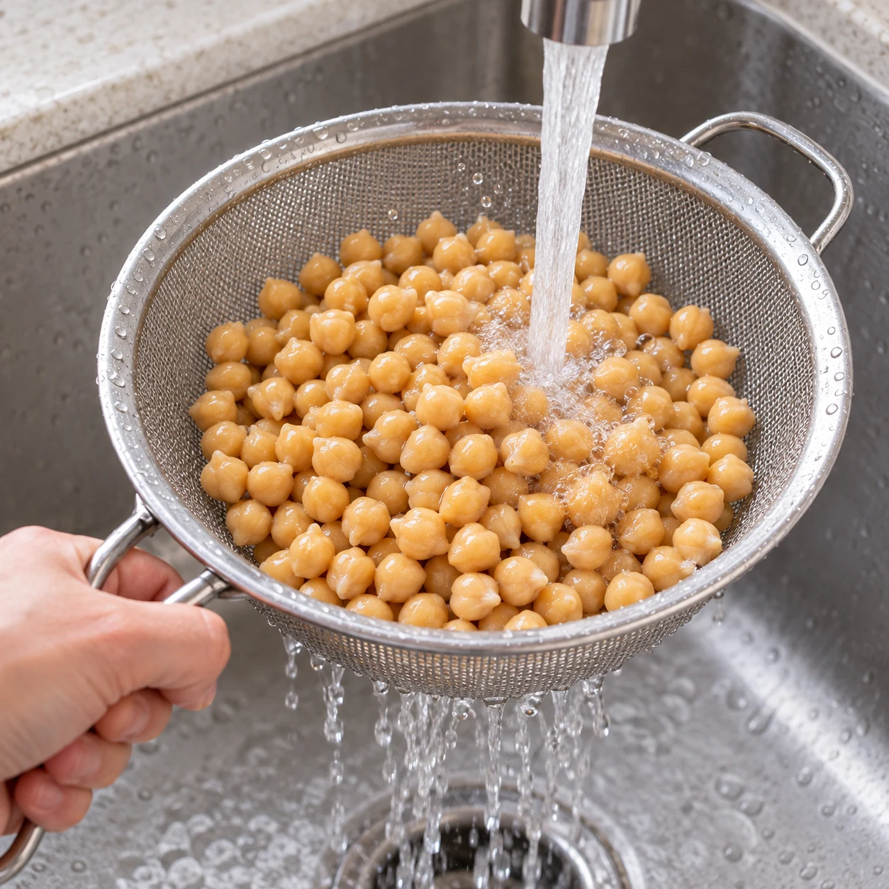 Main anonyme maintenant la passoire de pois chiches sous un filet d’eau.