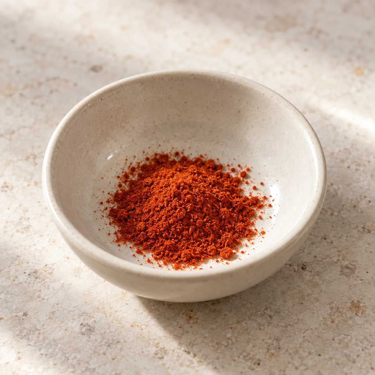 Petite quantité de poudre de Cayenne rouge brique dans une coupelle neutre, aucun piment entier, aucune inscription.