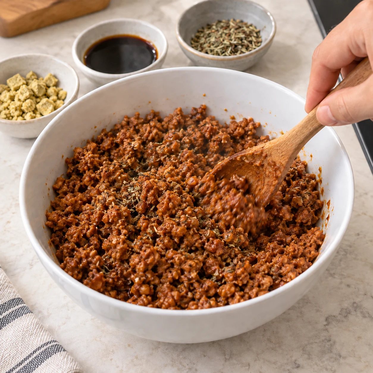 Cuillère mélangeant le haché de soja chaud rouge brun avec bouillon émietté, sauce soja et herbes séchées dans un bol blanc.