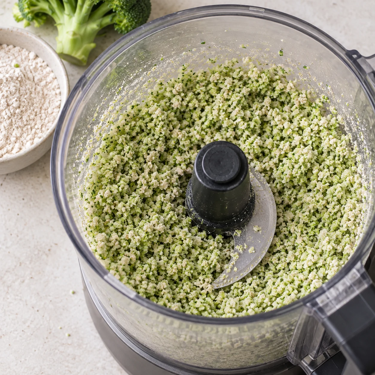 Placez le brocoli cru et les 80 g de farine de grand épeautre semi-complète dans un robot à lame en S. Mixez jusqu’à obtenir une texture de petits grains, comme du riz. Montrer uniquement cet état, sur pierre pâle et sans texte.