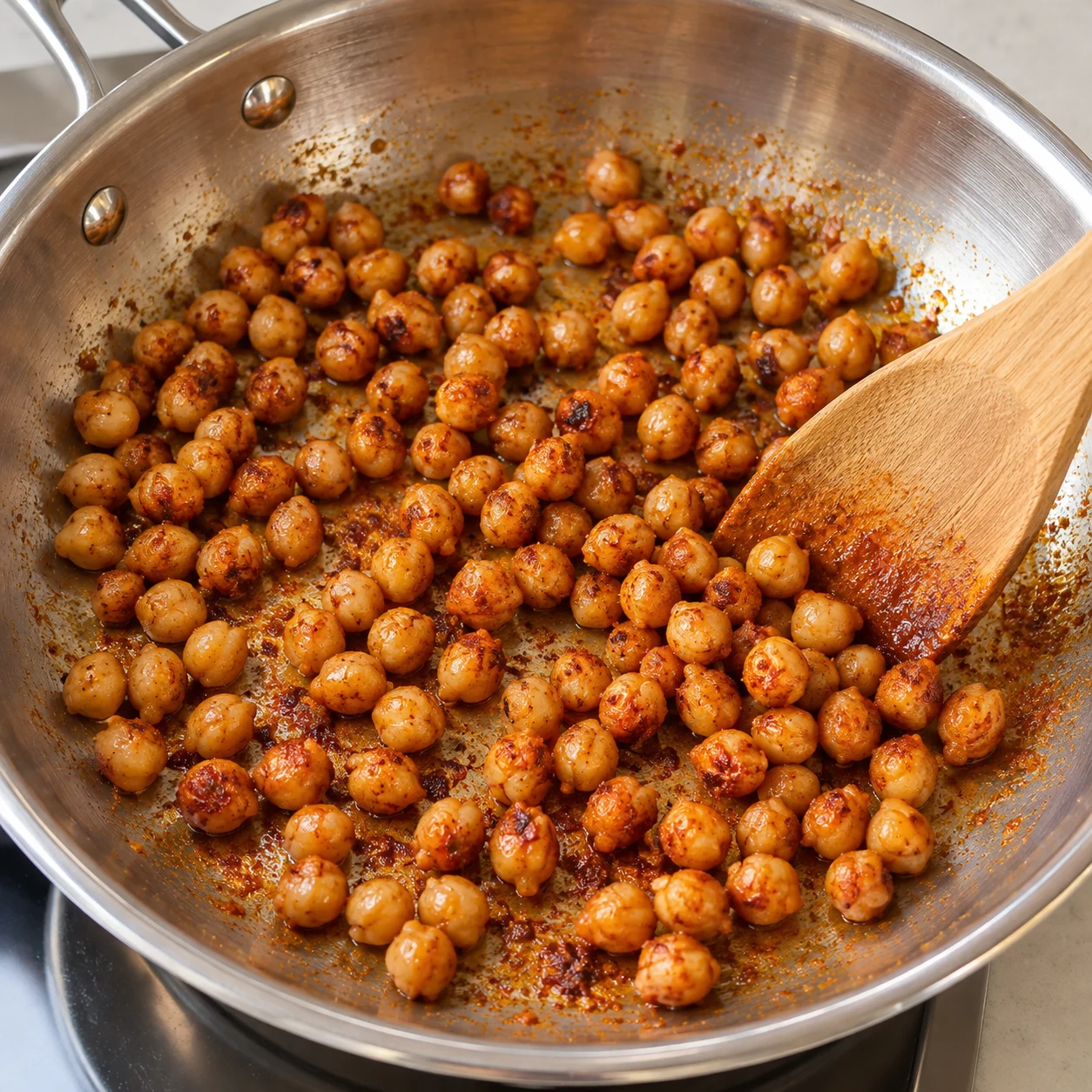 Pois chiches dans une poêle inox, saupoudrés de paprika.