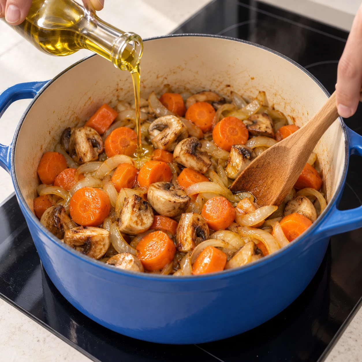 Cocotte en fonte bleue remplie d'oignons blonds, de tronçons de carotte et de quartiers de champignons qui commencent à dorer, filet d'huile d'olive versé dessus.