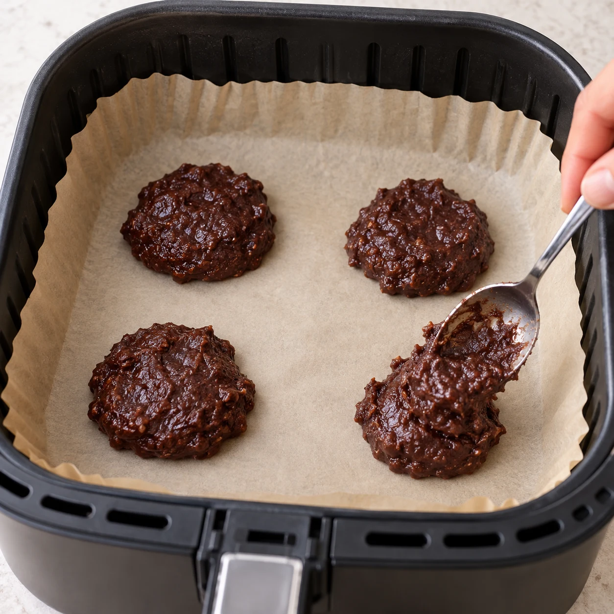 Une cuillère dépose le dernier des quatre tas de pâte brun foncé sur une feuille de papier cuisson posée à plat ; pas de pépites.