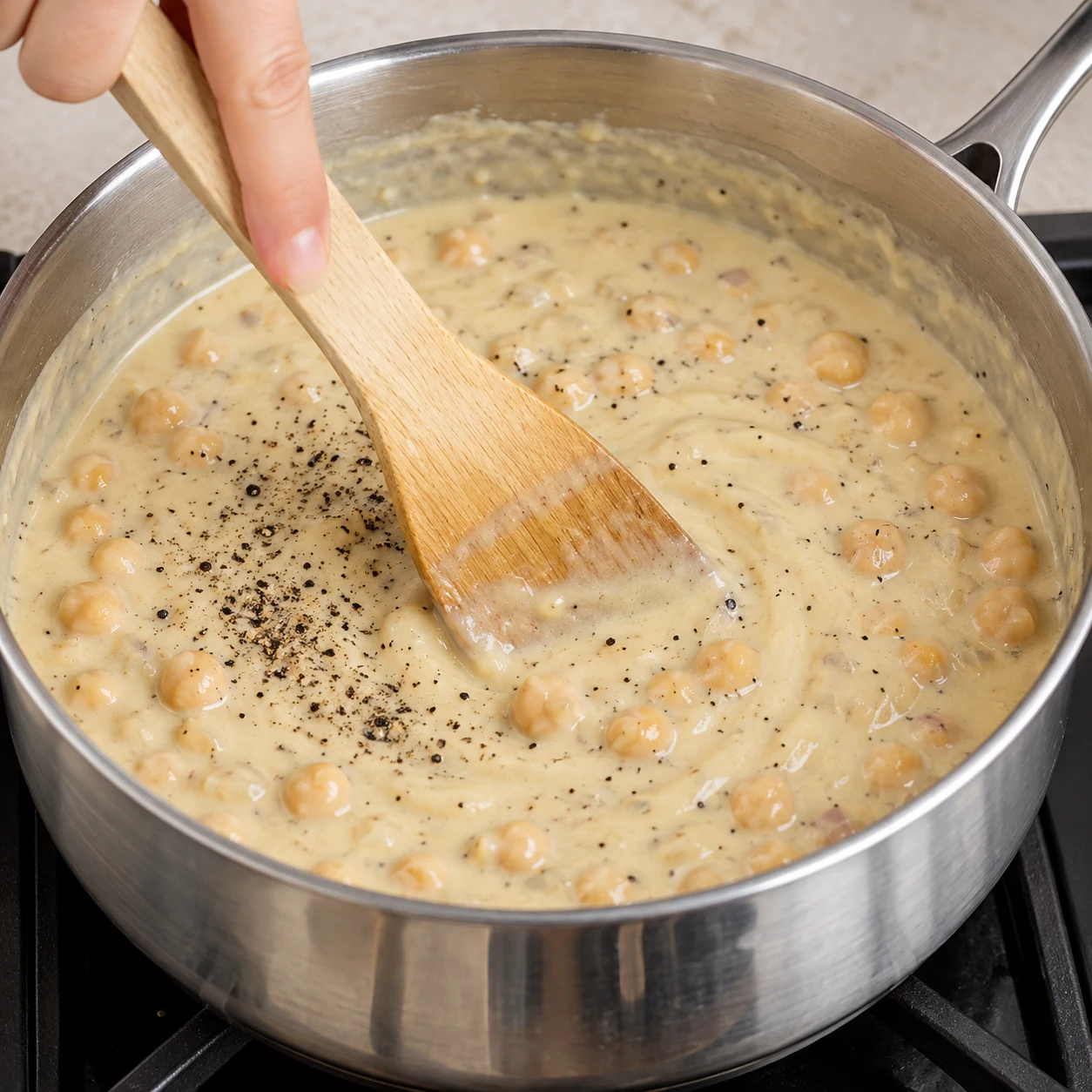 Sauce crémeuse aux pois chiches avec points de poivre noir, spatule en bois.