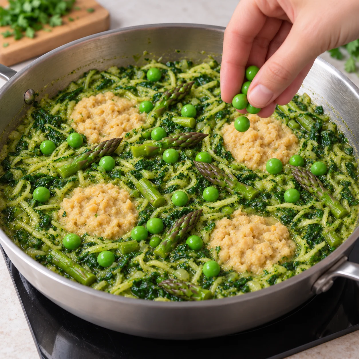 Ajouter les légumes réservés. Les petits pois entiers et les pointes sont visibles sur la préparation. Une seule action, cadrage carré, aucun texte ni personne identifiable. Adaptation végane : quatre portions de pois chiches écrasés beige, crémeuses et légèrement granuleuses, jamais des œufs ni des jaunes coulants.
