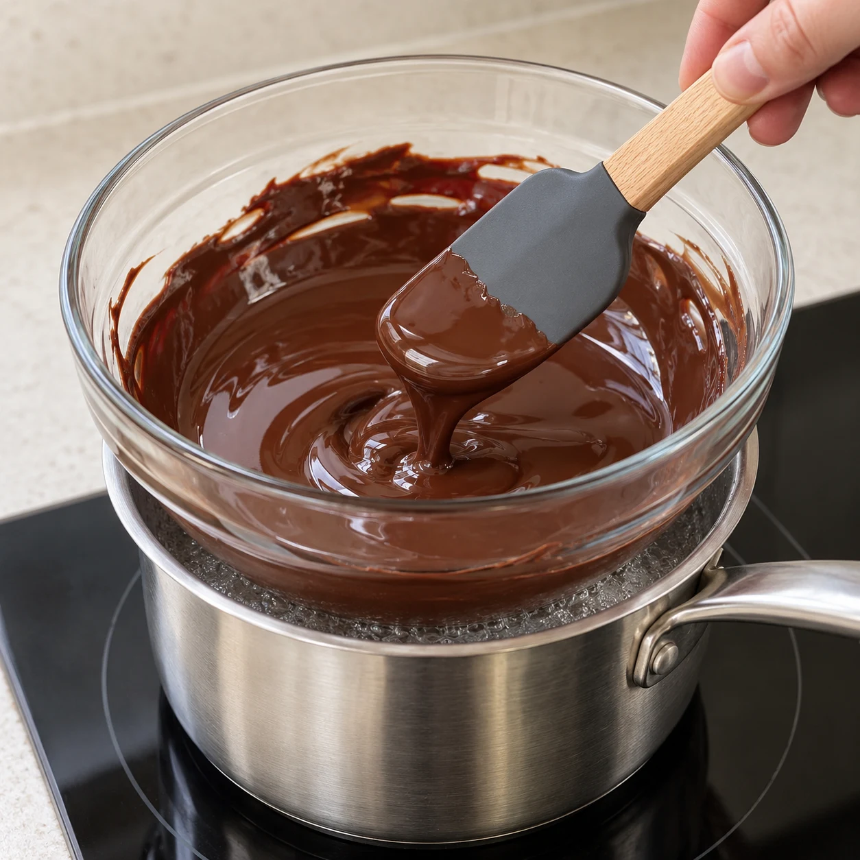 Bol de chocolat noir fondu placé sur casserole bain-marie, aucun beurre de cacahuète encore ajouté.