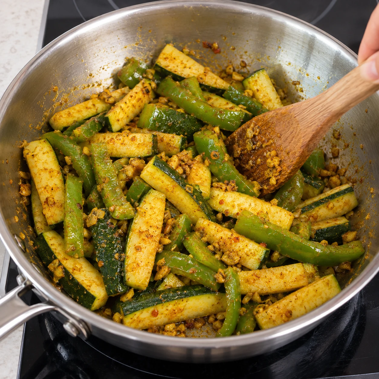 Mélange de courgette et de poivron en bâtonnets dans la poêle, teinté de curry.