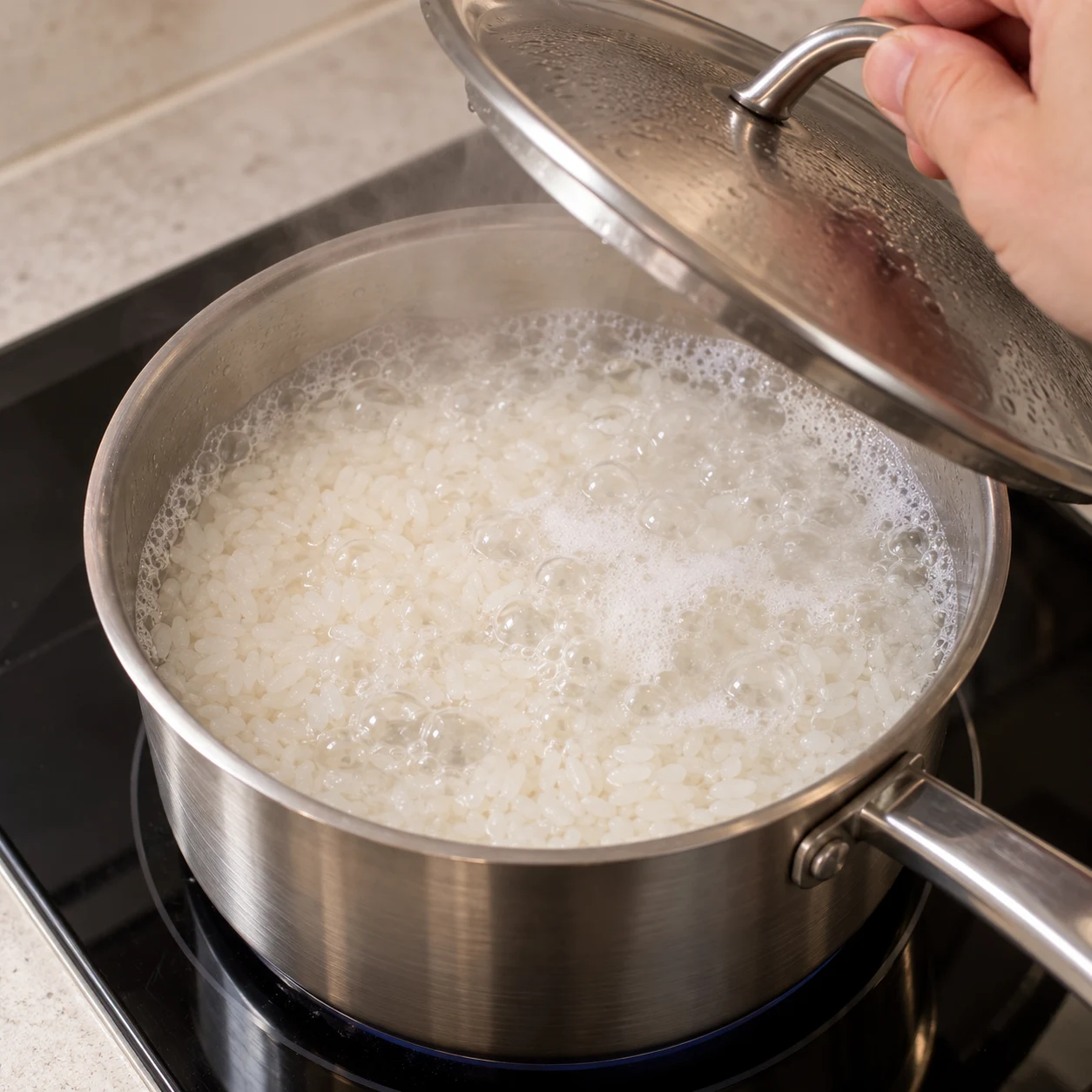 Verse le riz égoutté et 388,5 ml d’eau dans une casserole avec couvercle, puis porte à ébullition. Ce volume suit le ratio de la notice : 630 ml pour 450 g.