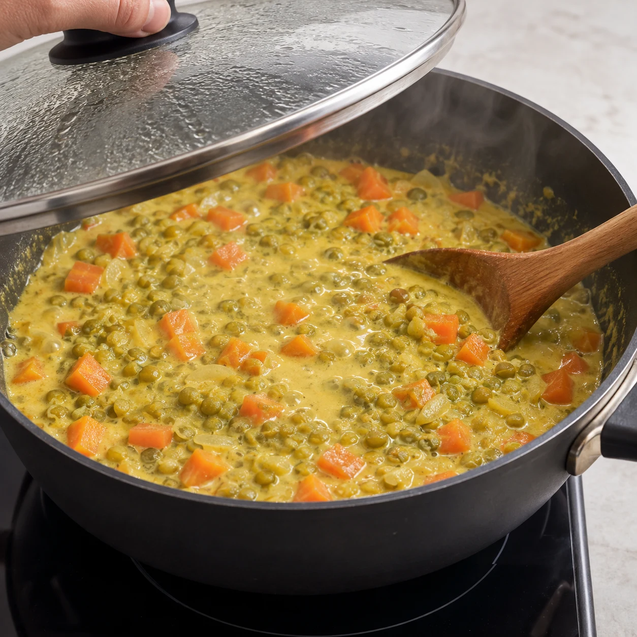 Wok couvert partiellement entrouvert révélant pois cassés et carottes dans sauce jaune pâle qui frémit doucement, aucun épinard ni riz.