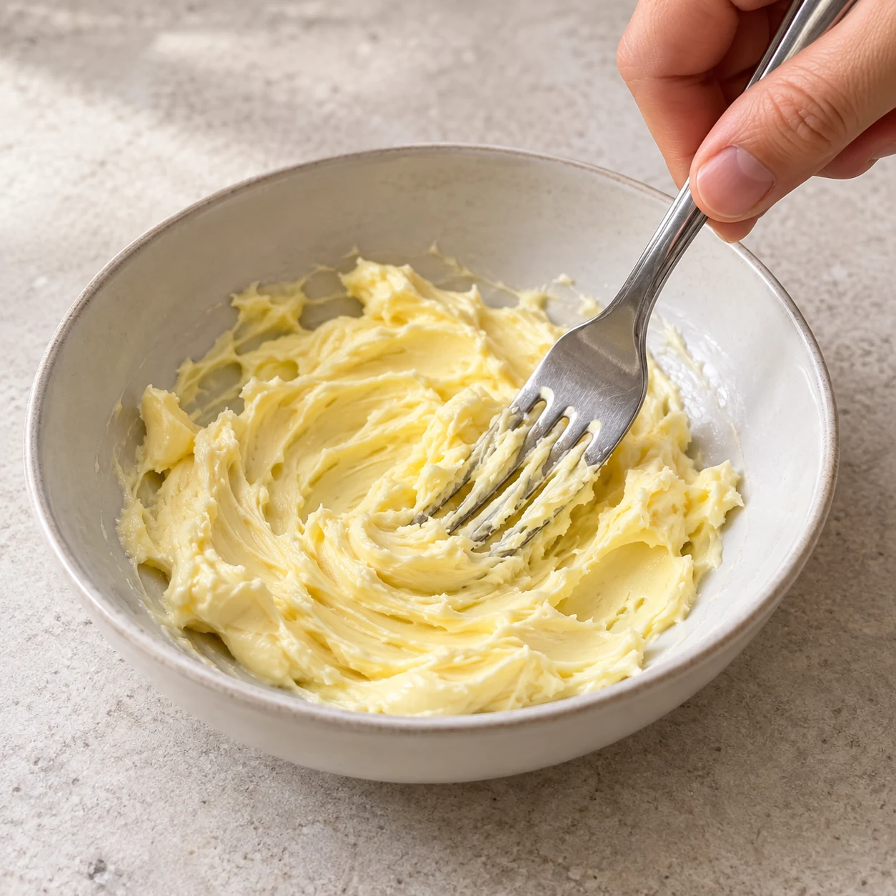 Laissez la margarine végétale s’assouplir pour pouvoir la travailler à la fourchette. Montrer uniquement les ingrédients présents à cette phase.