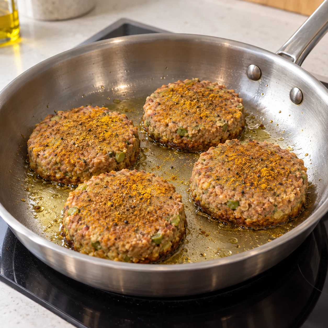 Pose les steaks épicés dans la poêle chaude à feu moyen. Fais cuire cette première face 4 minutes selon la notice du produit réfrigéré. Montrer : Le dessous est doré, sans épices noircies. Aucun poisson. Steaks végétaux ronds, texture finement hachée de pois et fèveroles, aucun tofu, aucun feuilletage de poisson.