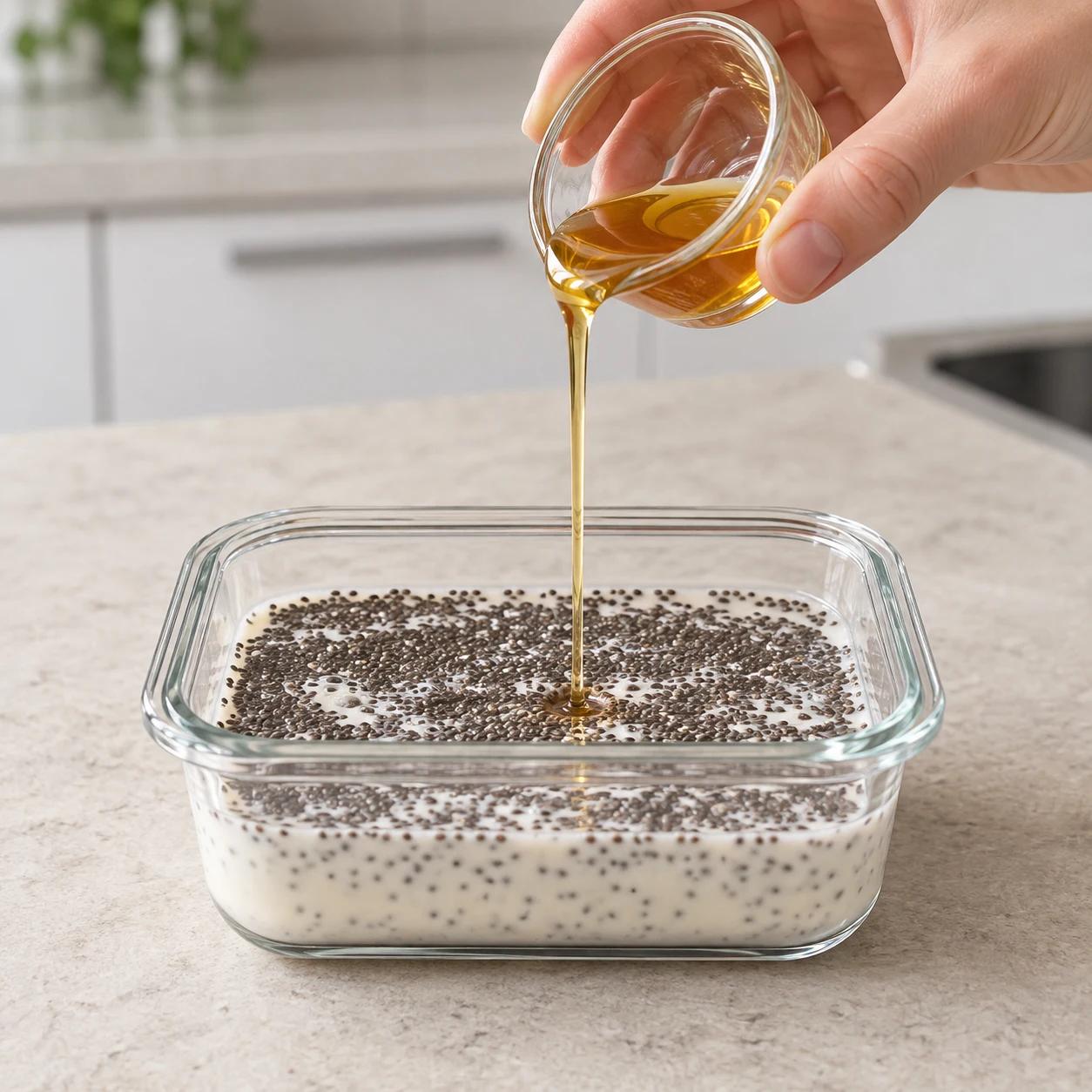 Ajouter un mince filet de sirop d’agave doré au lait végétal et aux graines de chia, récipient en verre.