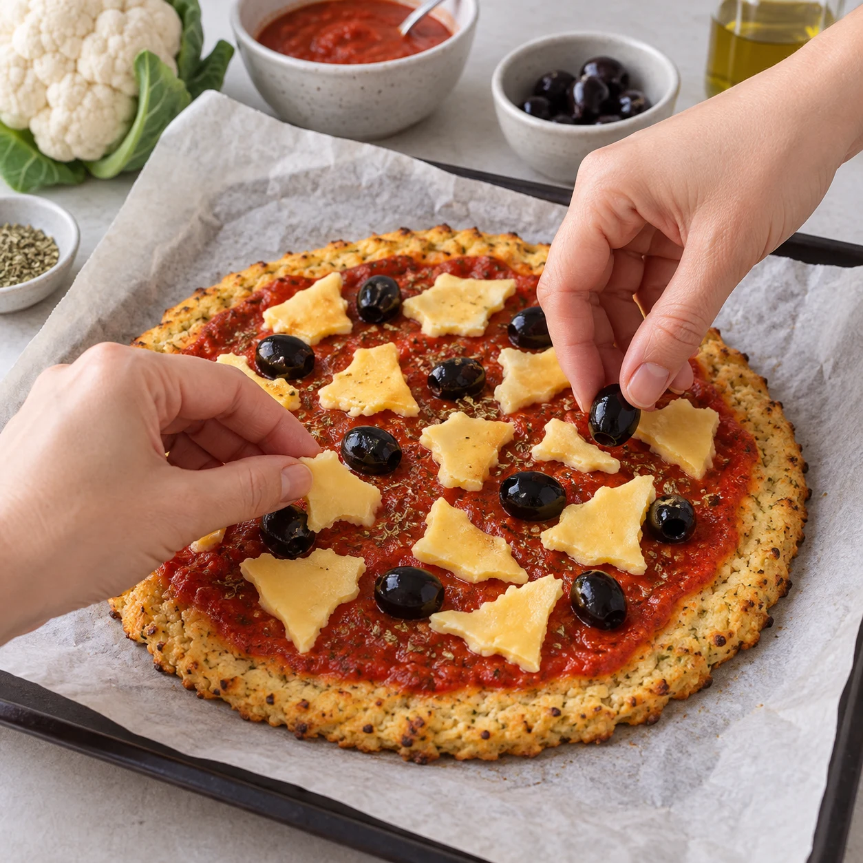 Mains adultes anonymes disposant morceaux déchirés jaunes de fromage végétal et olives noires sur sauce tomate ; base déjà dorée.