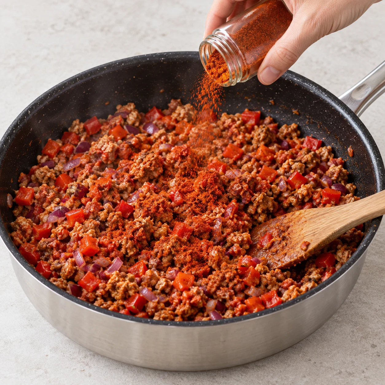 Assaisonne le mélange avec du sel, du poivre et du paprika selon le goût. Montrer uniquement les ingrédients présents à ce stade, sur un plan de travail en pierre claire.