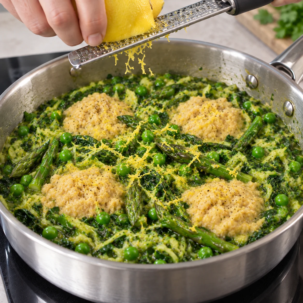 Ajouter le zeste de citron. De fins copeaux jaunes sont répartis à la surface. Une seule action, cadrage carré, aucun texte ni personne identifiable. Adaptation végane : quatre portions de pois chiches écrasés beige, crémeuses et légèrement granuleuses, jamais des œufs ni des jaunes coulants.