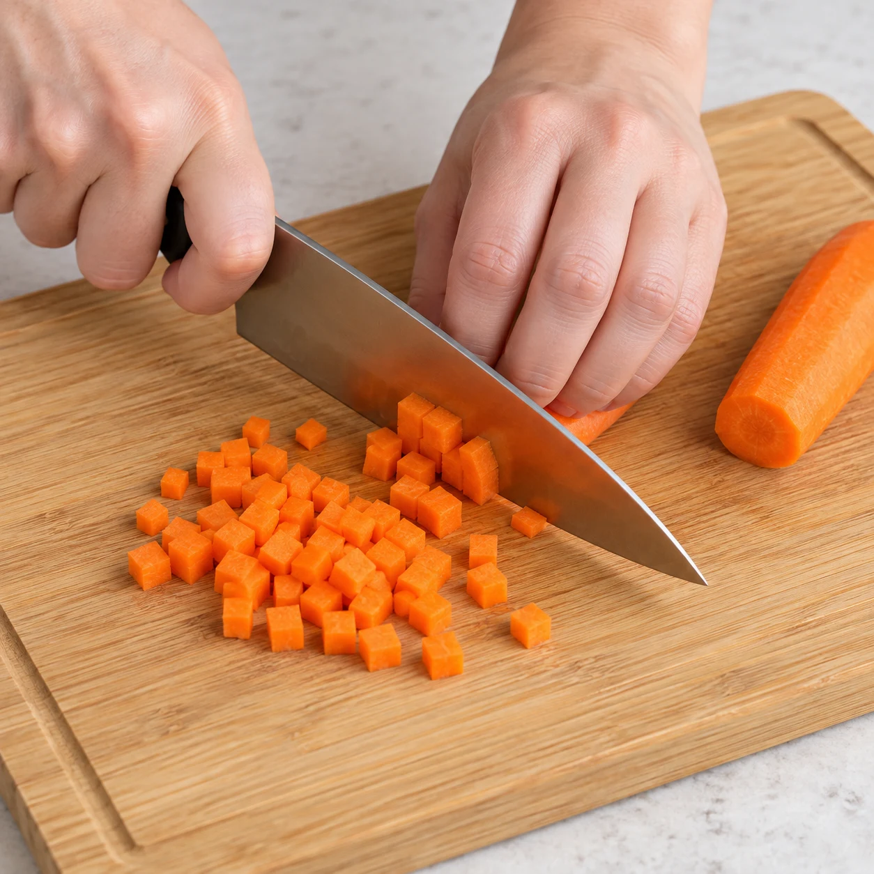 Couteau découpant une petite carotte orange en petits dés, main en griffe, planche stable.