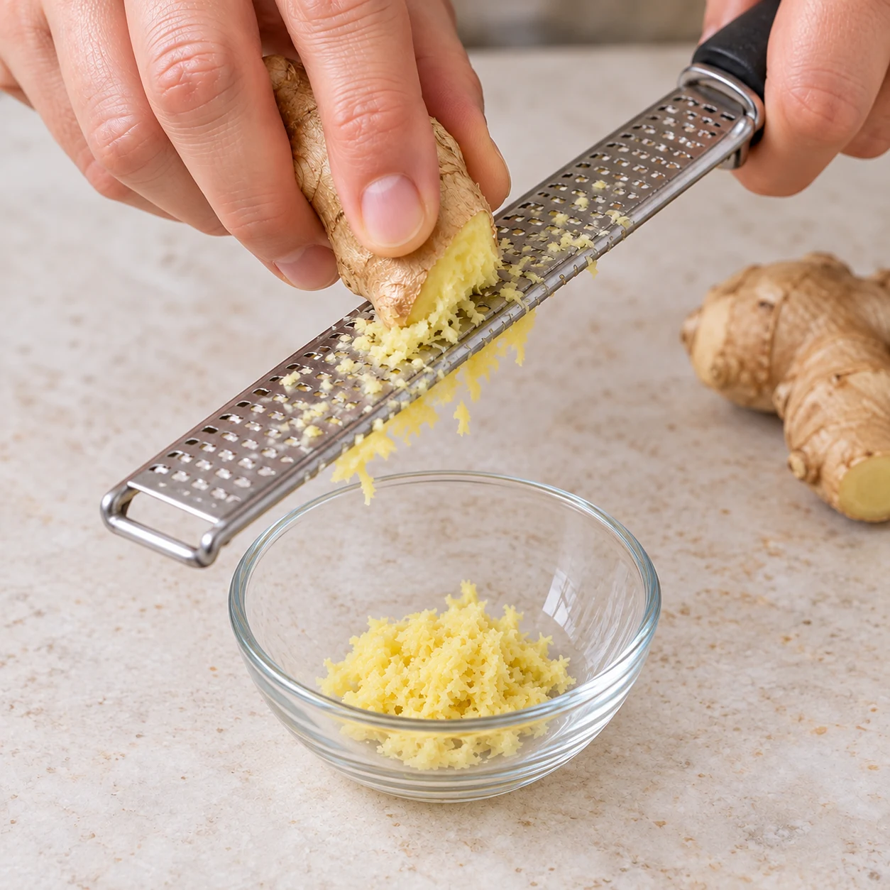Râpe le gingembre frais pour obtenir l’équivalent d’une cuillère à soupe. Résultat attendu : Une cuillère à soupe de gingembre finement râpé est prête.