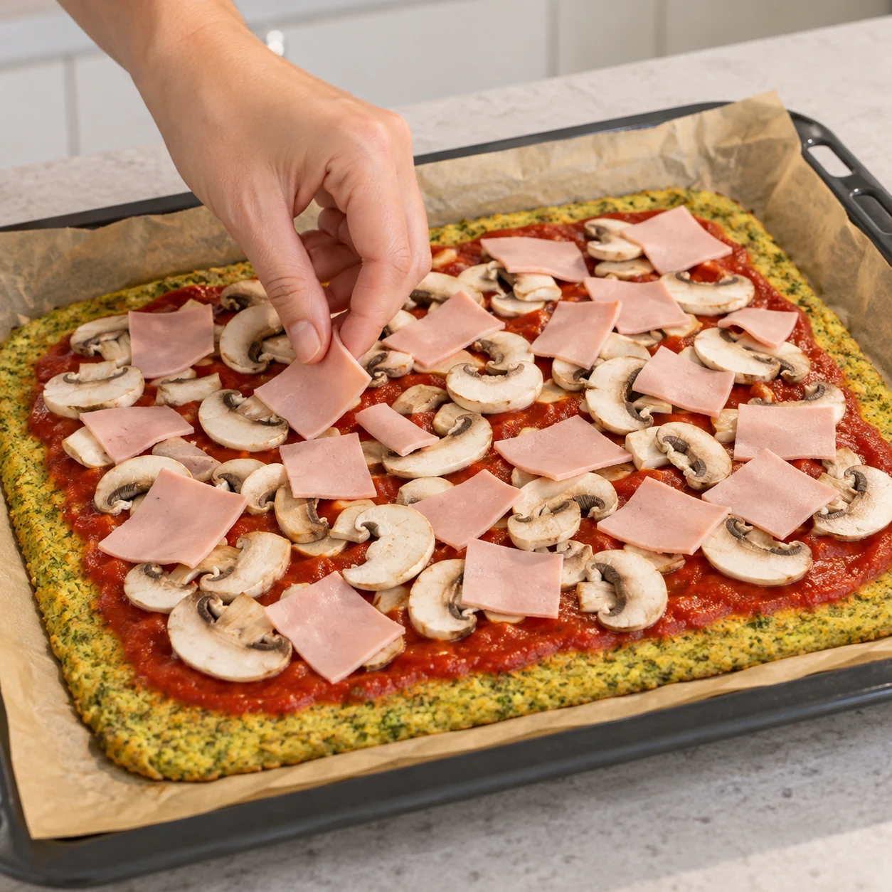 Main posant morceaux plats roses de jambon végétal sur pizza brocoli tomate champignons ; pas de fromage.