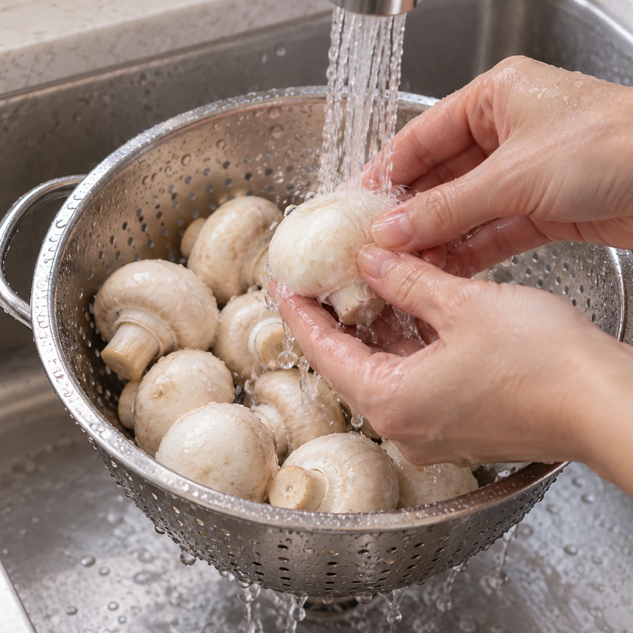 Lavez les champignons de Paris. Montrer seulement l’action et cet état de cuisson.
