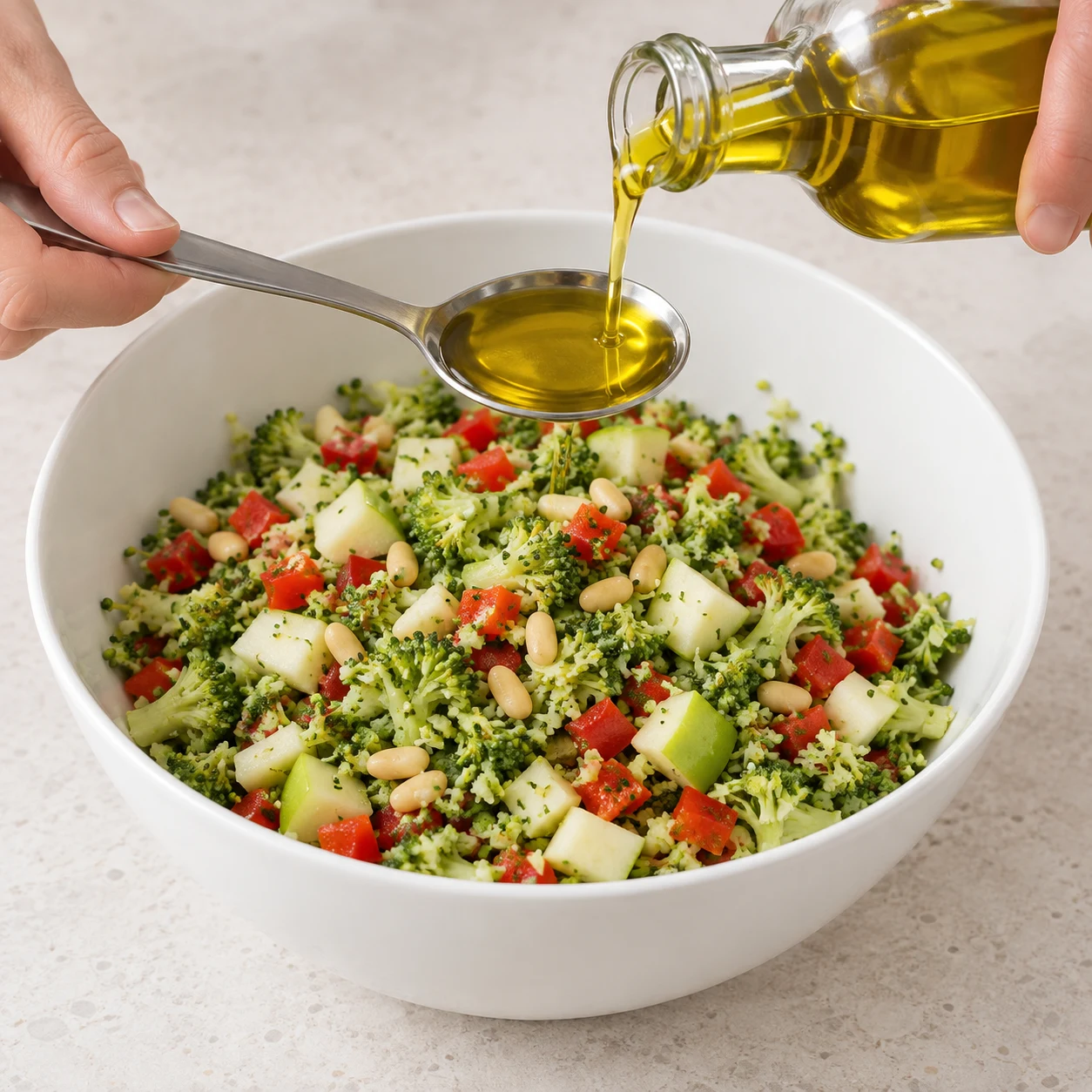 Verser l’huile : L’huile a été ajoutée à la salade avec une cuillère à soupe. Montrer seulement les ingrédients présents à ce stade, mains adultes anonymes si le geste le nécessite.