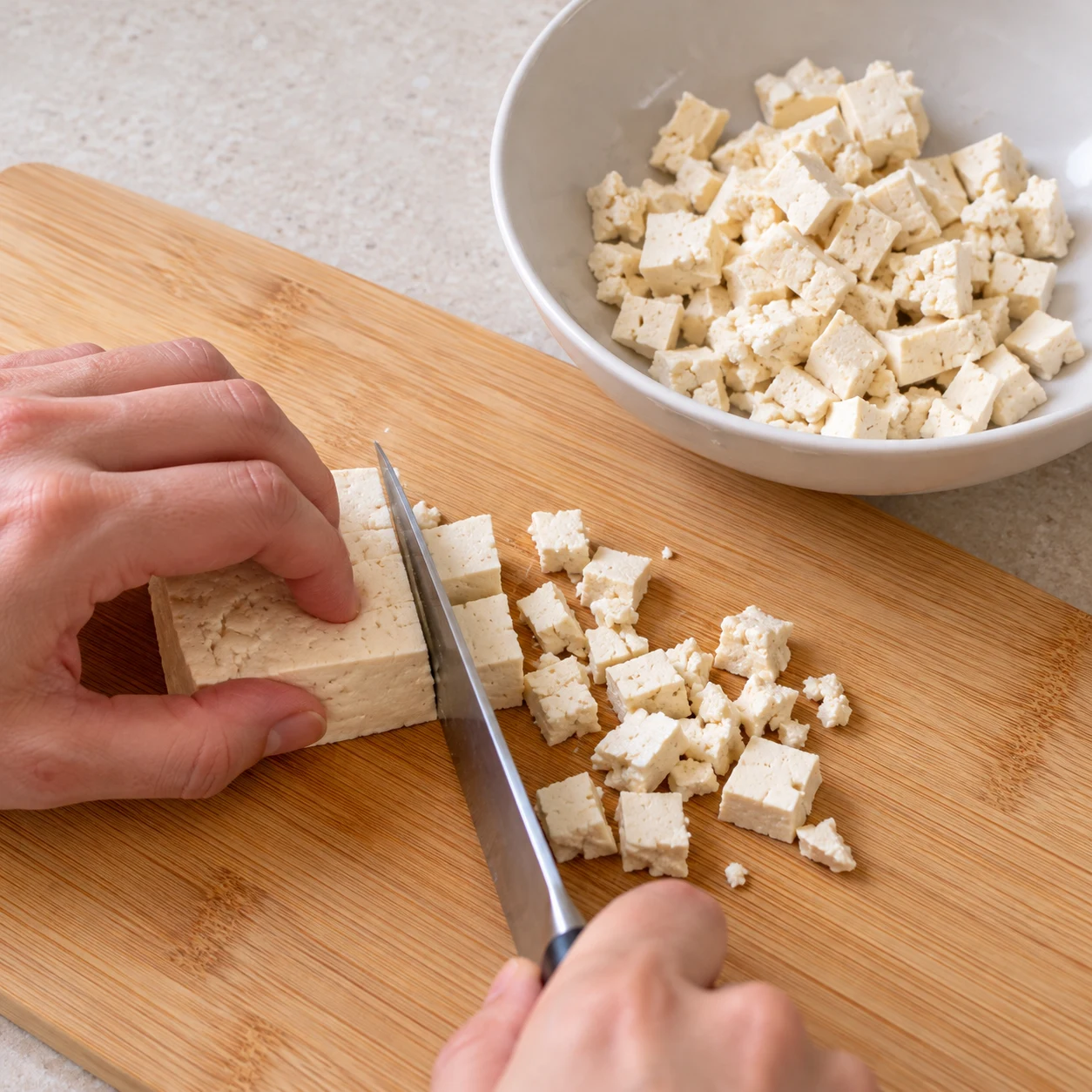 Petits morceaux blancs irréguliers de tofu nature stérilisé ; mains adultes anonymes coupant avec une prise sûre. Remplacer explicitement les œufs de la capture par du tofu, sans jaune.