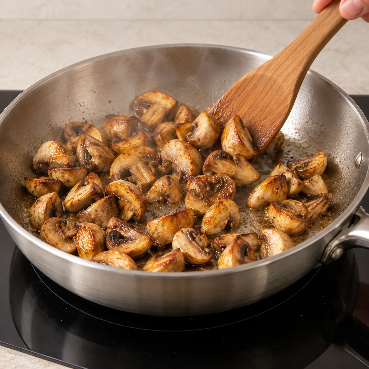 Grande poêle en inox sur une plaque noire, quartiers de champignons de Paris dorés sautés dans la poêle.