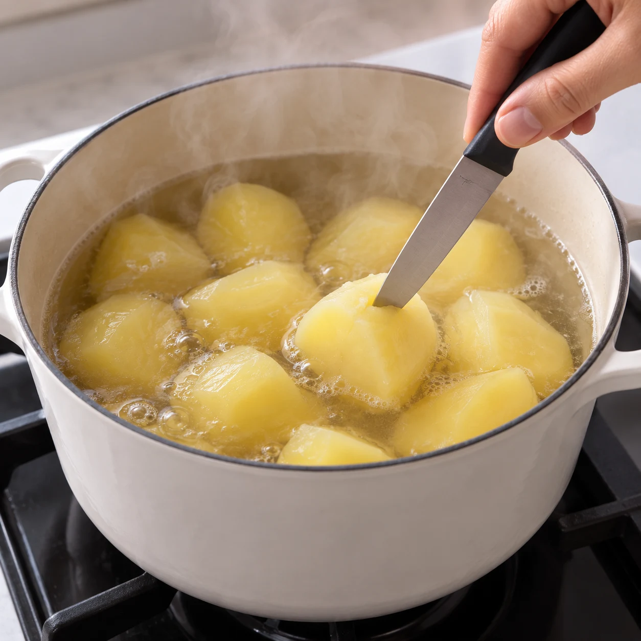 Fais cuire les pommes de terre 15–20 minutes, jusqu’à ce qu’elles soient tendres. La source propose aussi 8 minutes à la cocotte-minute. Montrer le geste et l’état attendu : La pointe d’un couteau entre facilement dans les pommes de terre.