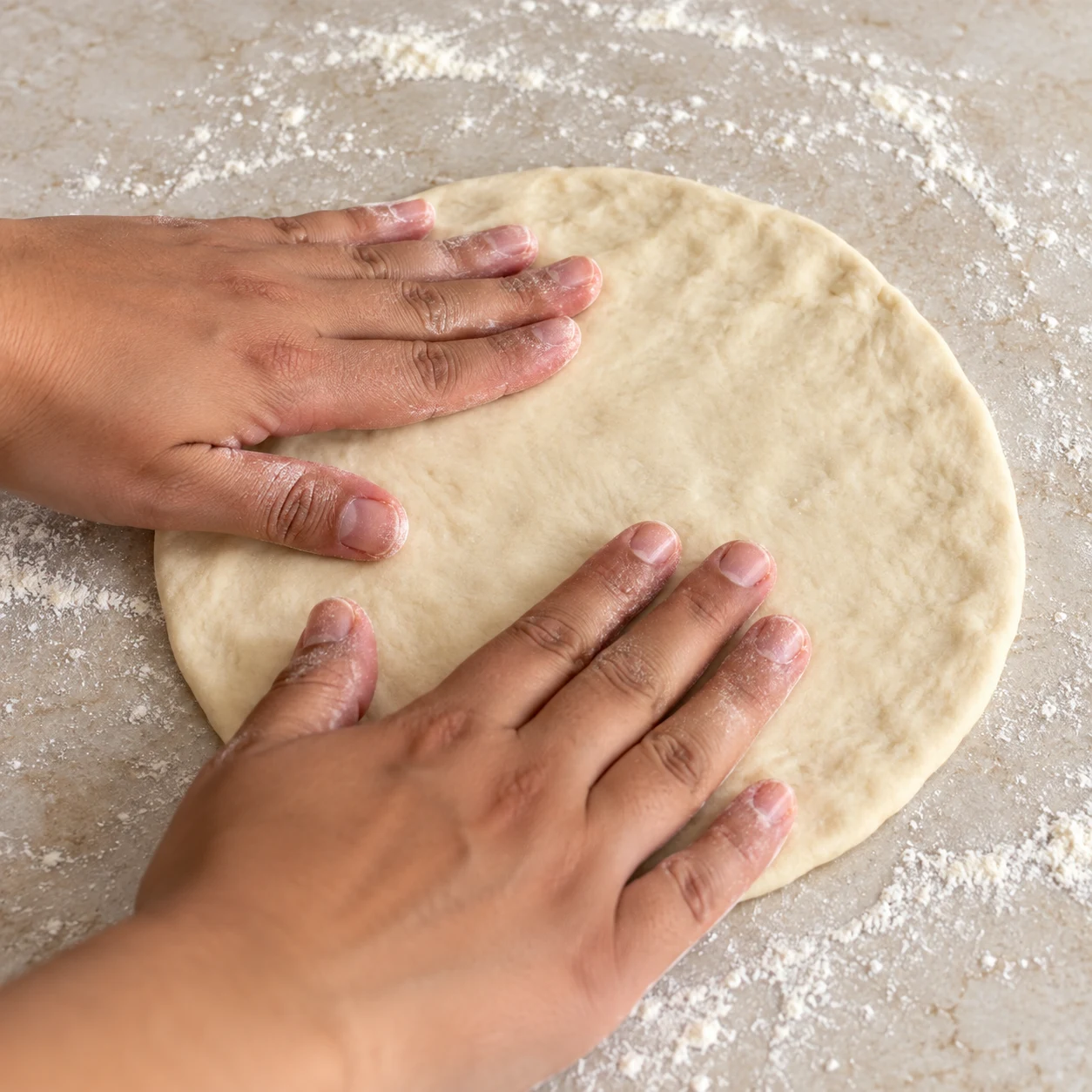 Aplatissez un pâton avec les mains pour obtenir un disque assez fin. Répétez ensuite la garniture et la fermeture pour les six pâtons.