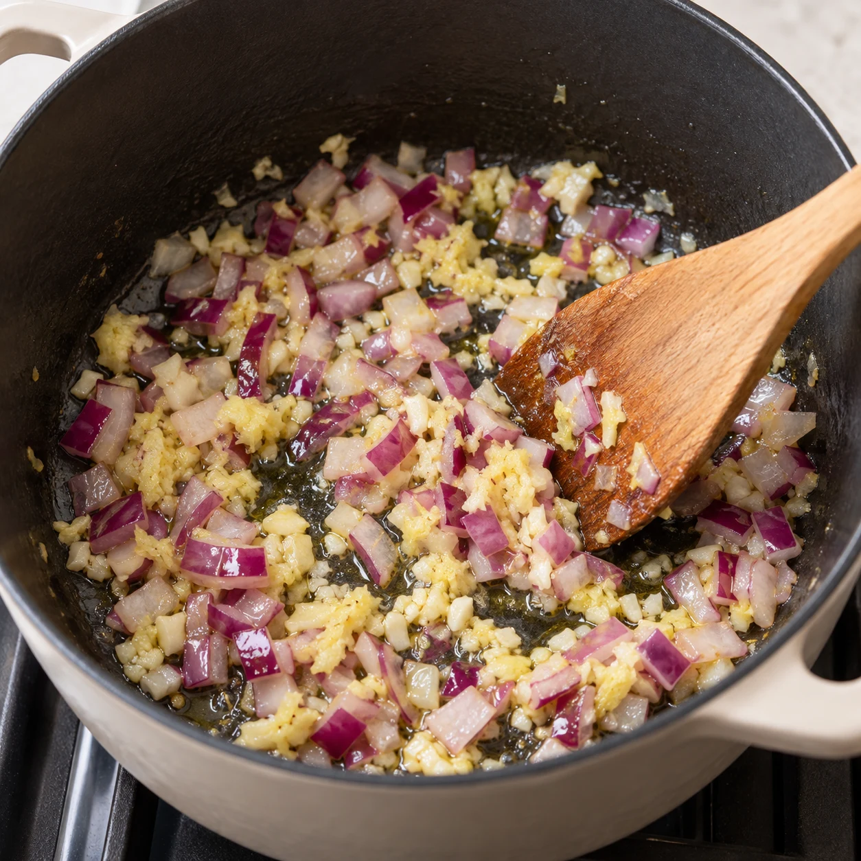Aromates hachés cuisant ensemble dans un fait-tout sombre, spatule, sans épices ni sauce.