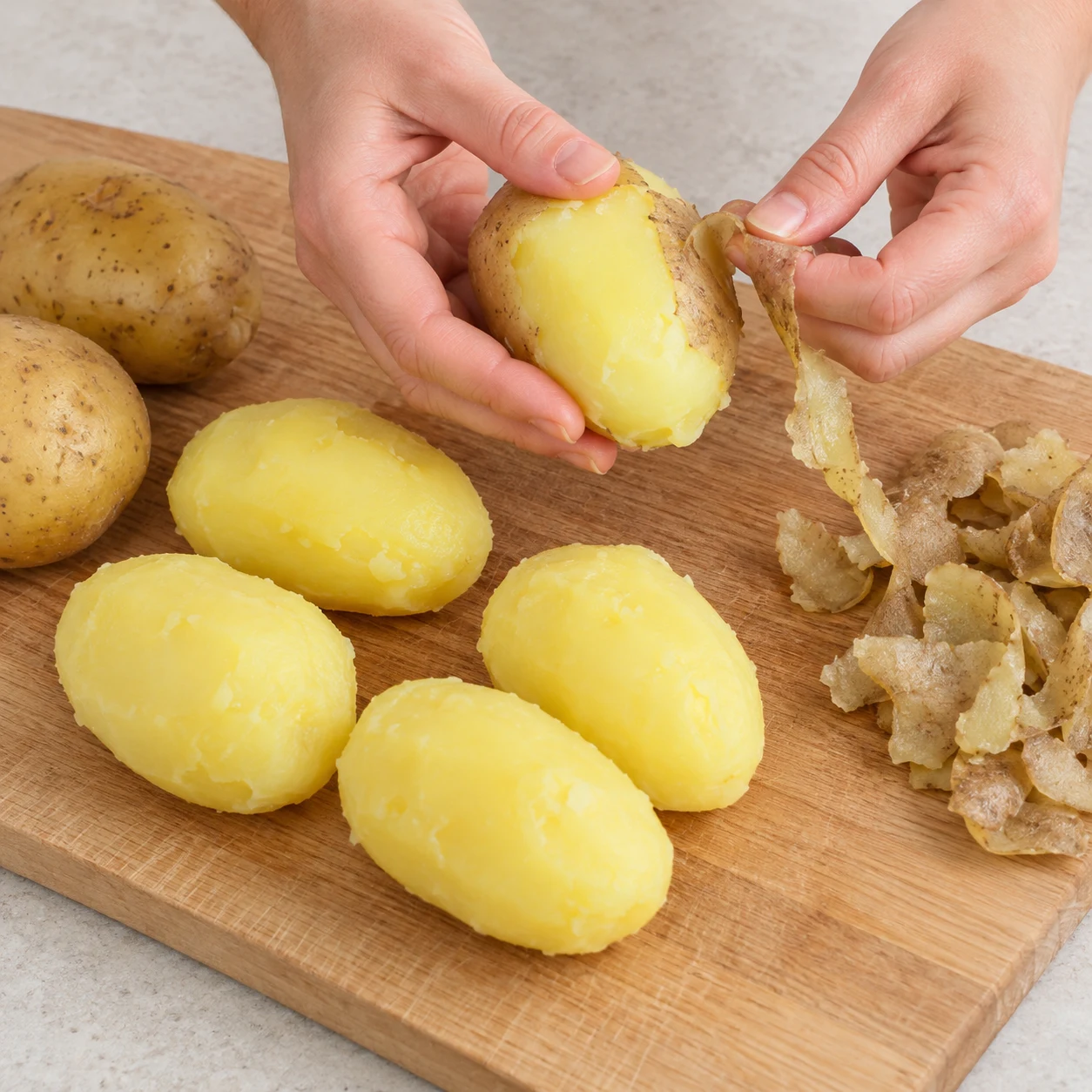 Une seule action : Éplucher les pommes de terre. Les pommes de terre cuites sont entièrement débarrassées de leur peau. Uniquement les ingrédients de cette phase : Pommes de terre.
