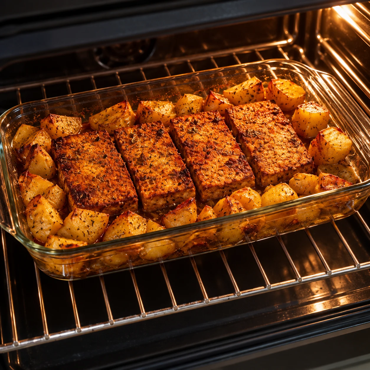 Plat en verre dans le four en fin de cuisson : tofu brun doré, pommes de terre rôties dorées, jus réduit.