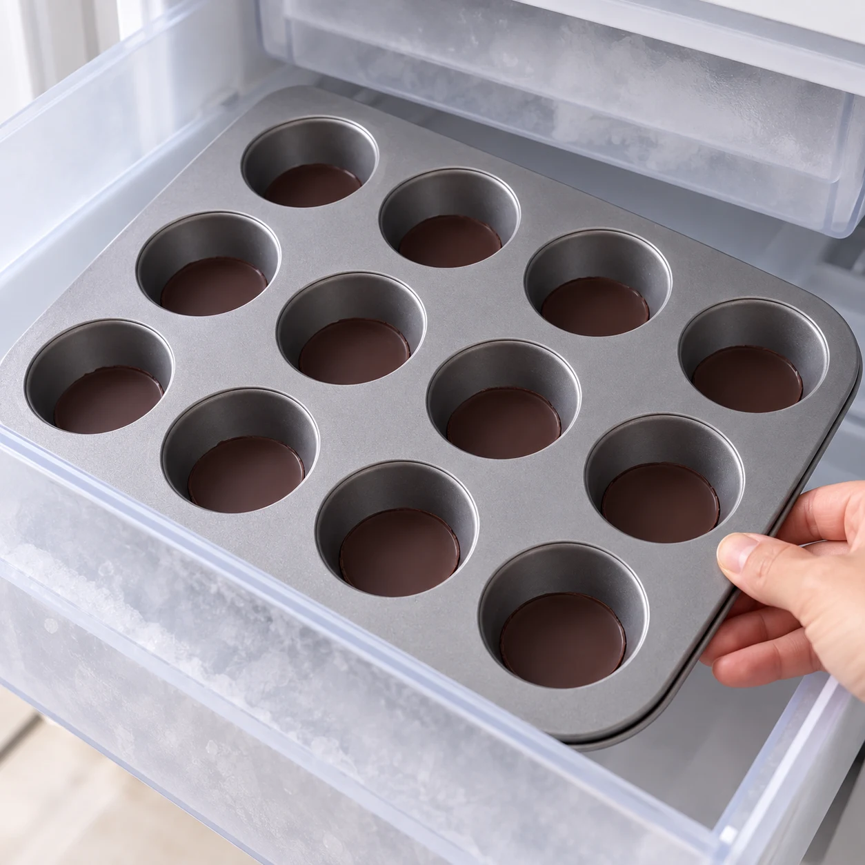 Moule neutre portant uniquement les fonds de chocolat figés, dans un tiroir de congélateur propre.
