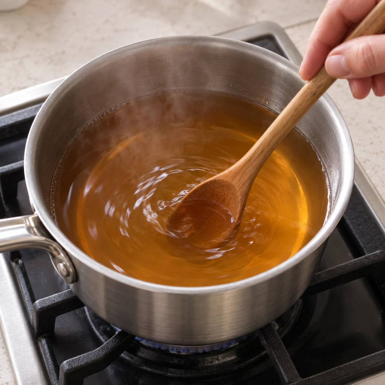 Casserole de saumure légèrement ambrée sur plaque, faible vapeur, sucre dissous, aucun oignon ni aromate.