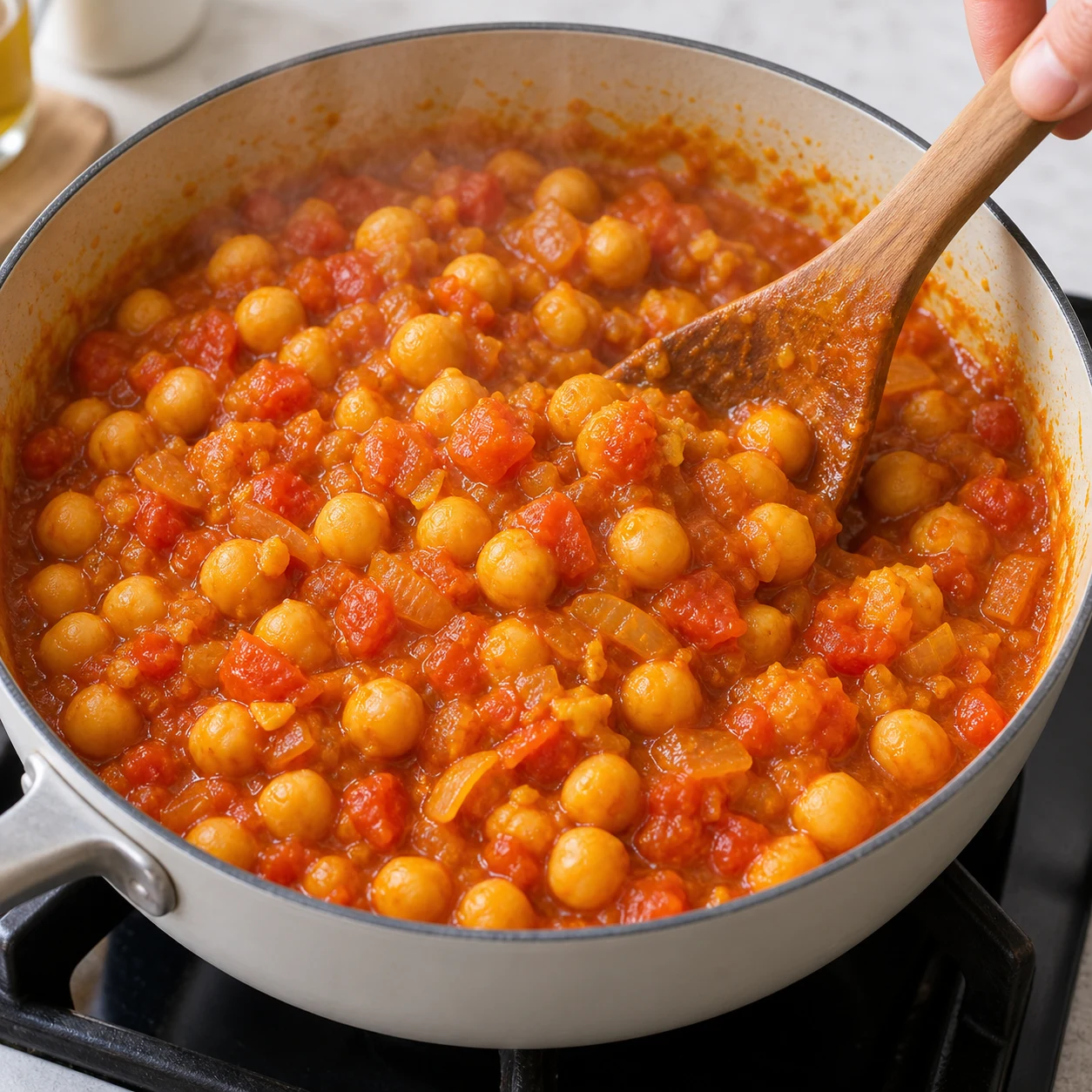 Photo culinaire carrée en lumière naturelle : pois chiches nappés d’une sauce de tomates fraîches rouge-orangé et onctueuse, oignon, ail, gingembre et curry incorporés, sans riz, sans pain, aucun texte, aucune marque.