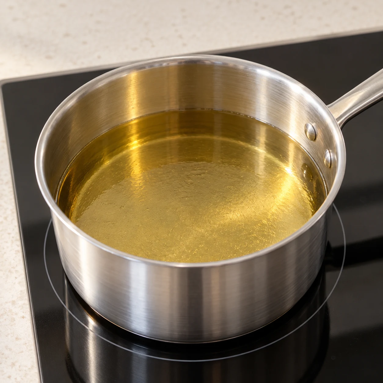 Casserole stable avec bain d’huile clair sur plaque de cuisine moderne, sans pâte ni flammes.