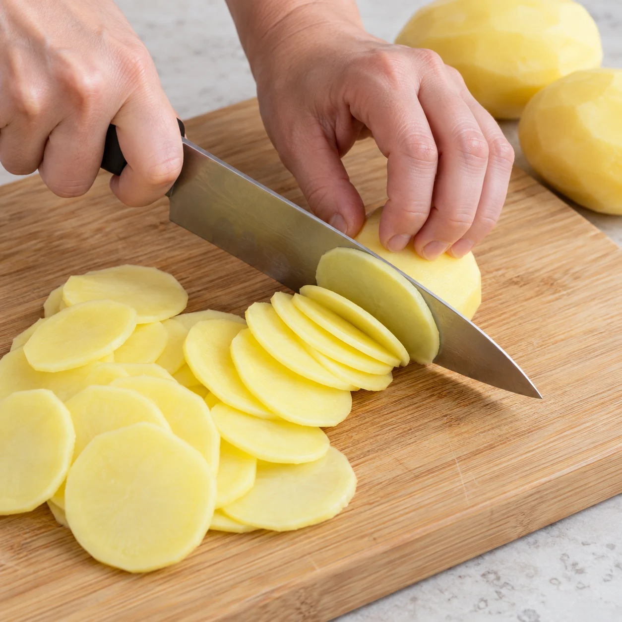 Coupez les pommes de terre en rondelles fines et régulières au couteau sur une planche stable, doigts repliés. La source permet le couteau ou la mandoline. Montrer seulement cet état, sans personne identifiable, visage, texte, logo ni ingrédient futur.
