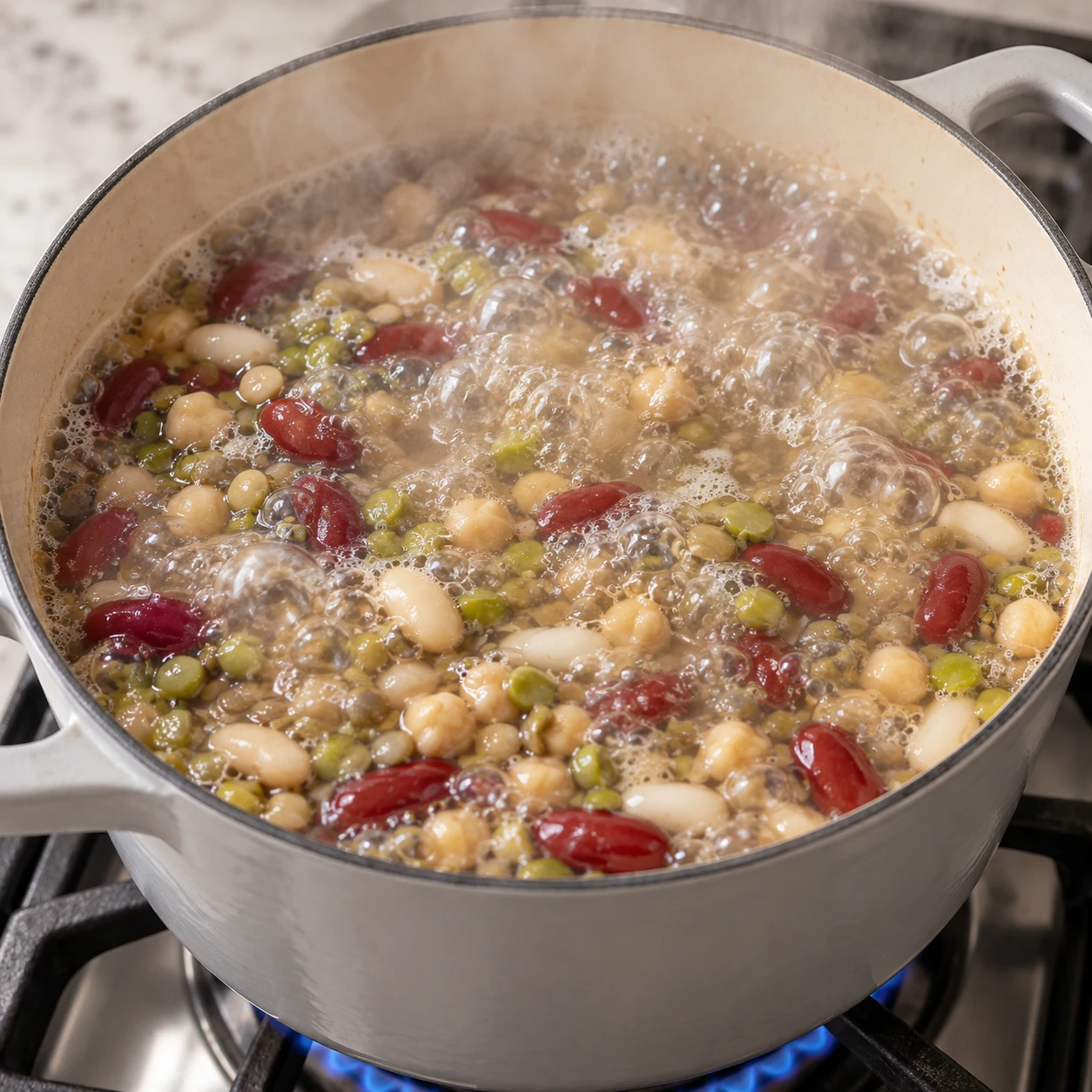 Porte la cocotte à forte ébullition et maintiens cette ébullition au moins 10 minutes pour les haricots rouges secs, avant de réduire le feu. Résultat attendu : De grosses bulles agitent tout le bouillon pendant au moins 10 minutes.