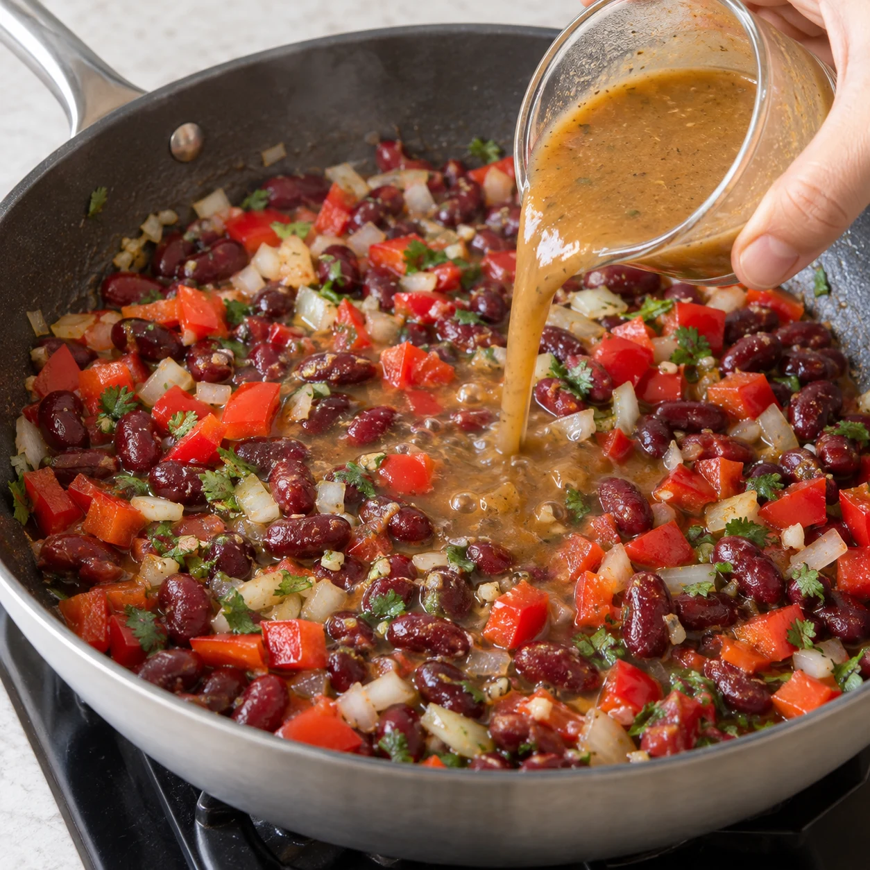 Verser la sauce maison. La sauce fluide entoure les haricots et les légumes ; le reste du lot est séparé.. Une seule action, aucun ingrédient des étapes ultérieures.