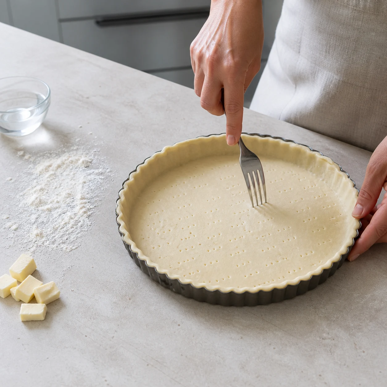 Moule à tarte garni d’une pâte brisée crue claire, fourchette et léger rebord net, plan de travail de cuisine française.