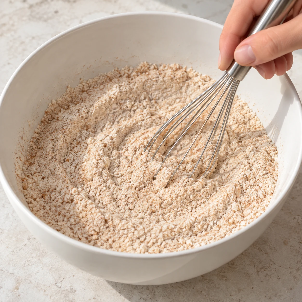 Mélanger farine, sucres et cannelle dans un saladier neutre.