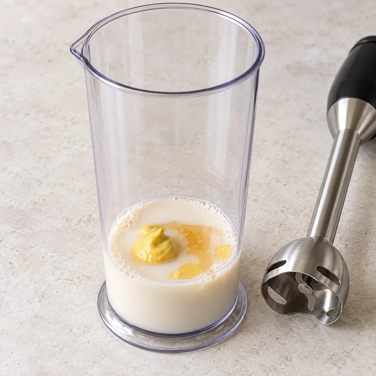 Récipient haut transparent avec boisson soja, moutarde et vinaigre, mixeur éteint à côté.
