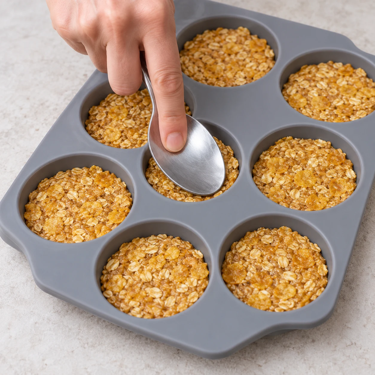 Dos d’une cuillère pressant une base avoine et corn flakes dans un moule silicone à huit empreintes rondes. La céréale croustillante est du corn flakes en fragments dorés et plats, jamais des grains de riz soufflé.