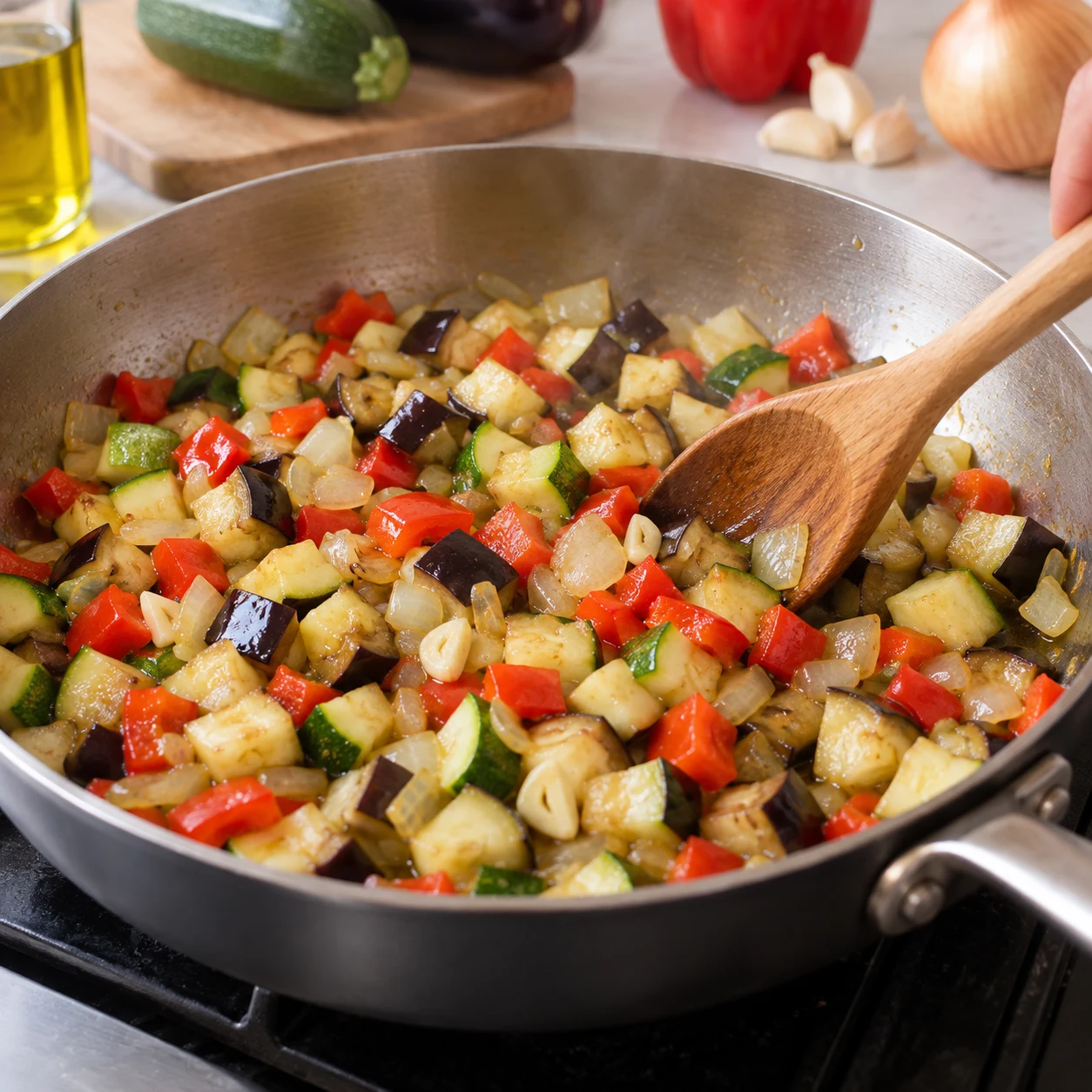 Faire suer la base : Les légumes commencent à s’attendrir dans le sautoir.