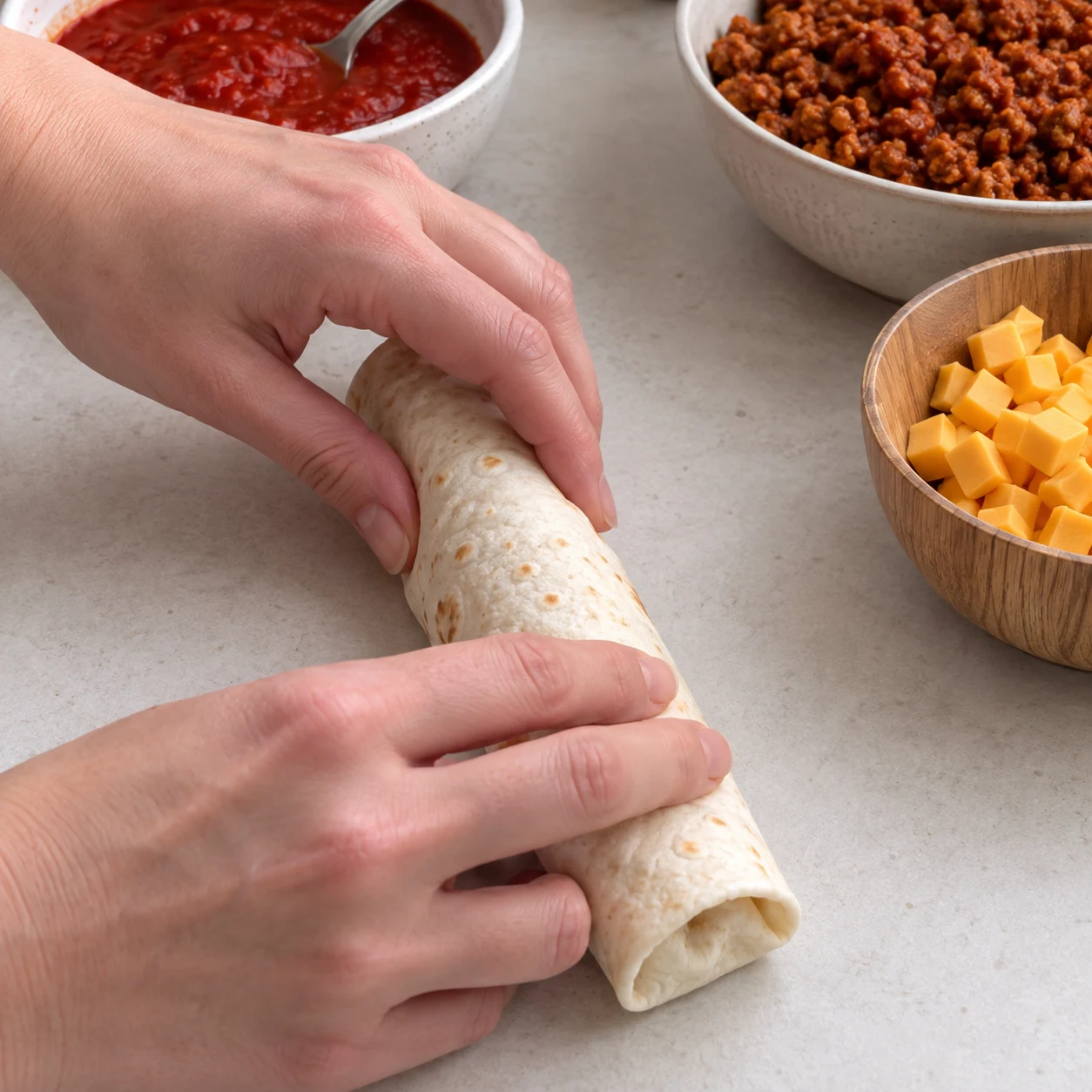 La tortilla forme un rouleau fermé qui retient sa garniture.