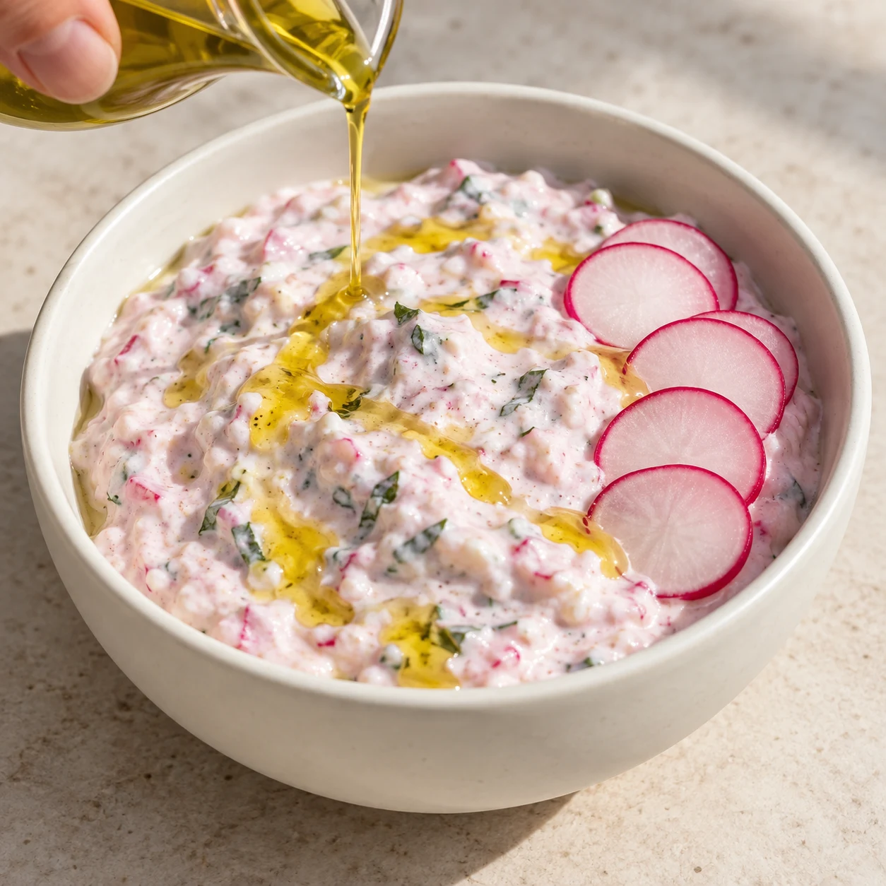 Bol blanc de tzatziki rose végétal avec un mince filet d’huile d’olive et quelques fines rondelles de radis, sans citron supplémentaire ni carotte ni pain.