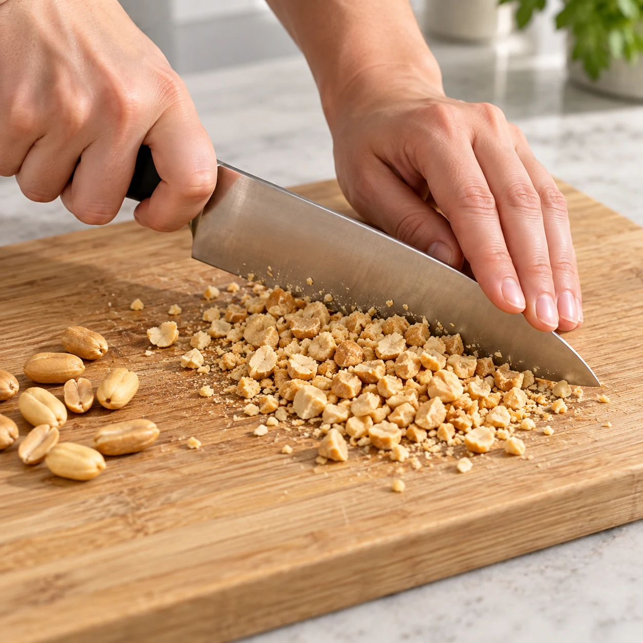 Cacahuètes concassées sur une planche.